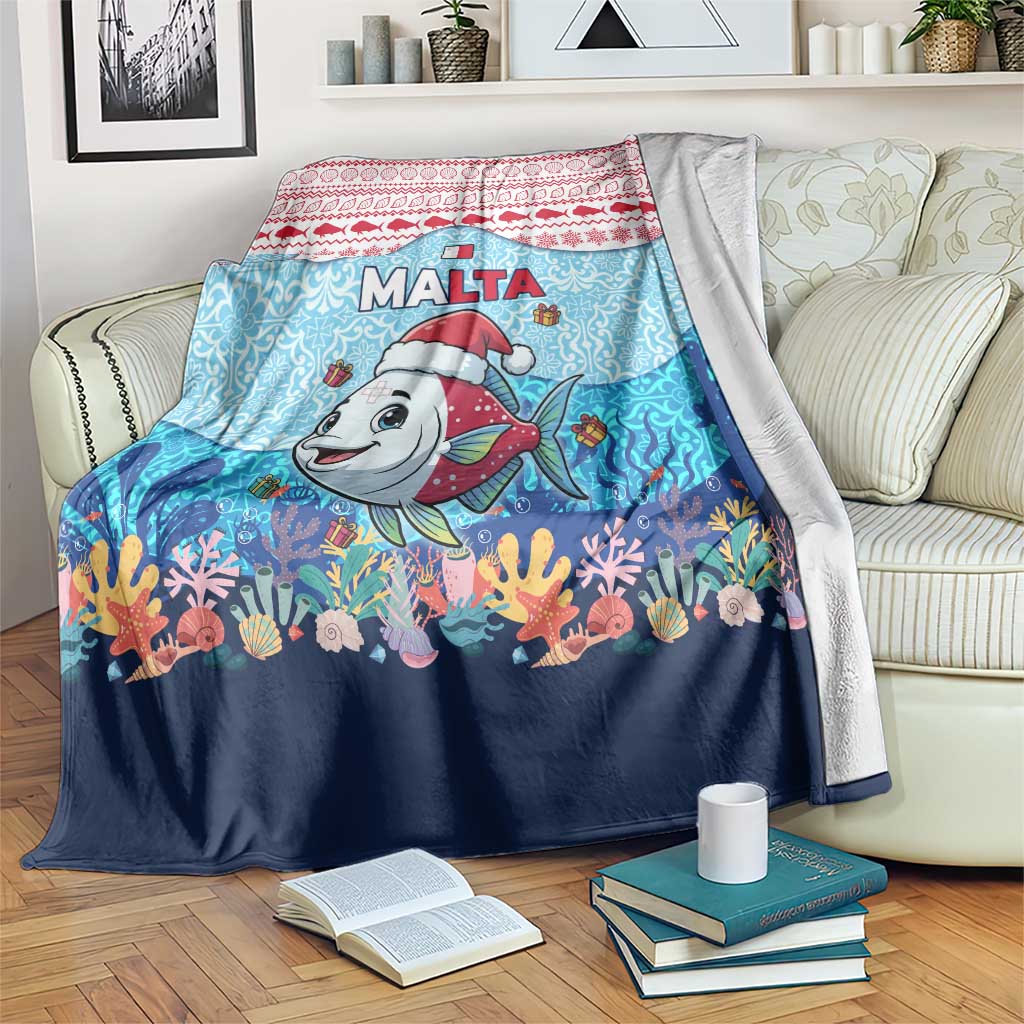 Malta Christmas Blanket with Santa Fish Malta Flag Coral Reef and Red Blue Festive Pattern Design - Wonder Print Shop