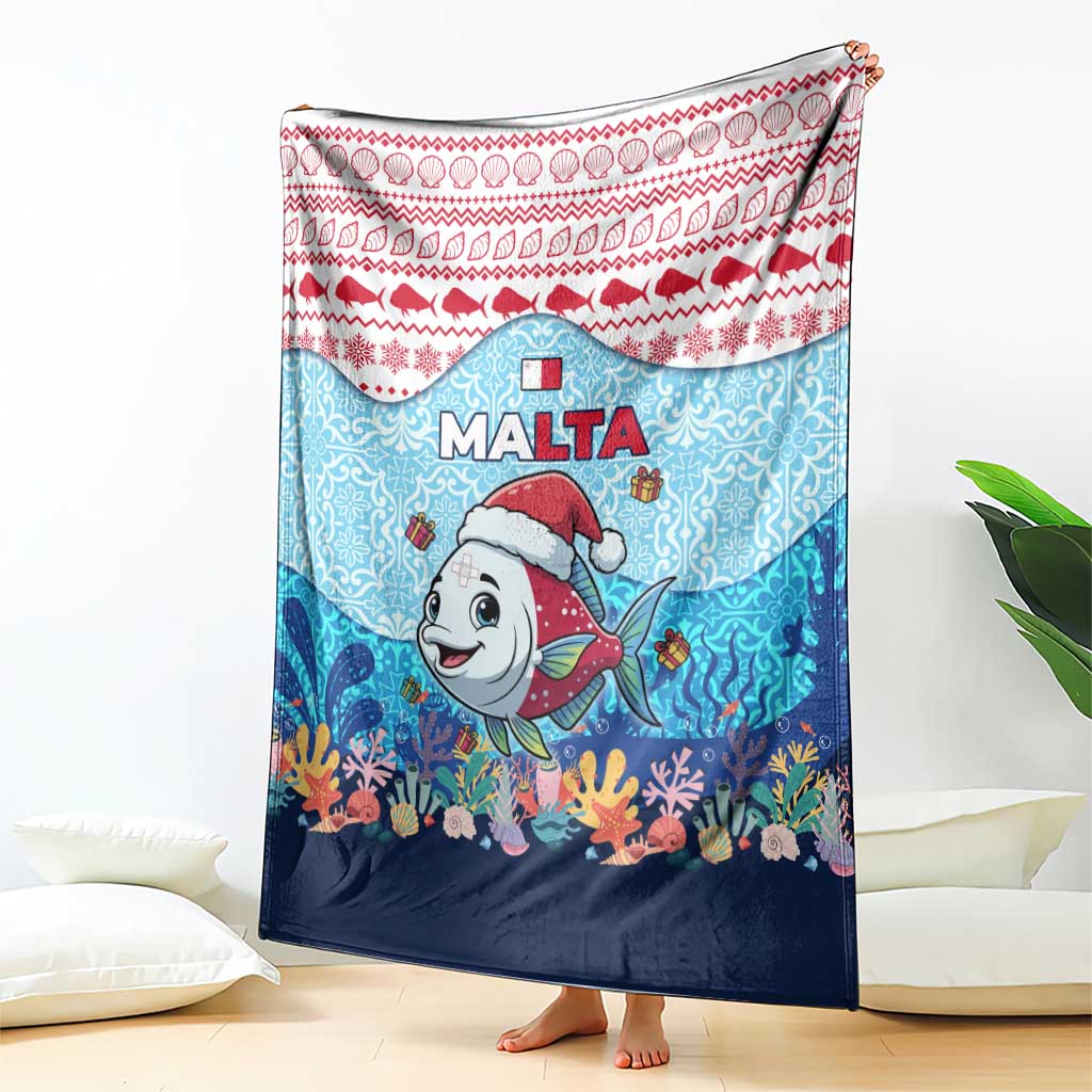 Malta Christmas Blanket with Santa Fish Malta Flag Coral Reef and Red Blue Festive Pattern Design - Wonder Print Shop