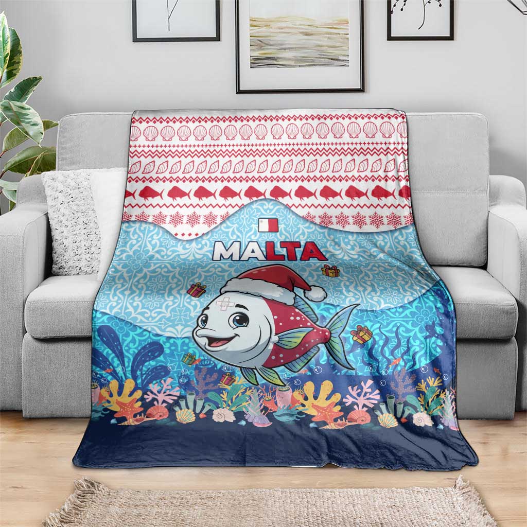 Malta Christmas Blanket with Santa Fish Malta Flag Coral Reef and Red Blue Festive Pattern Design - Wonder Print Shop
