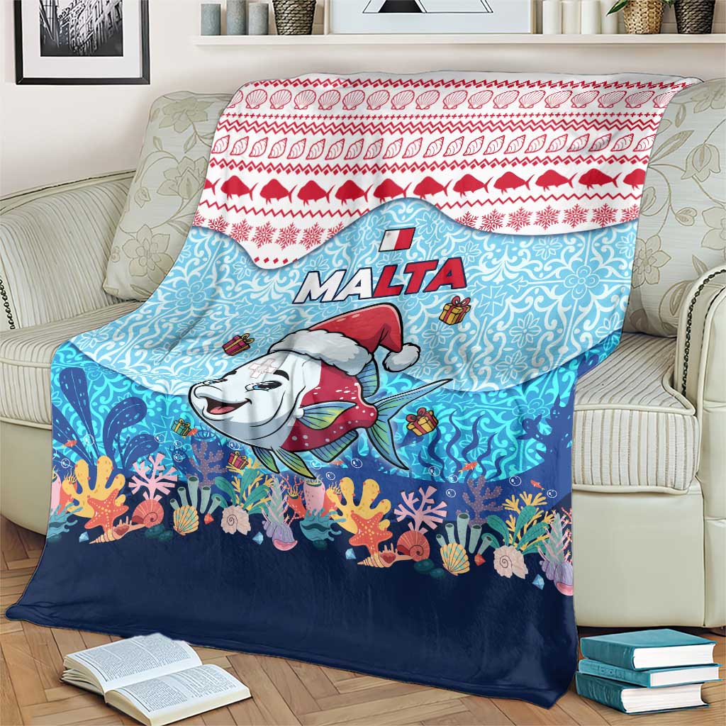 Malta Christmas Blanket with Santa Fish Malta Flag Coral Reef and Red Blue Festive Pattern Design - Wonder Print Shop