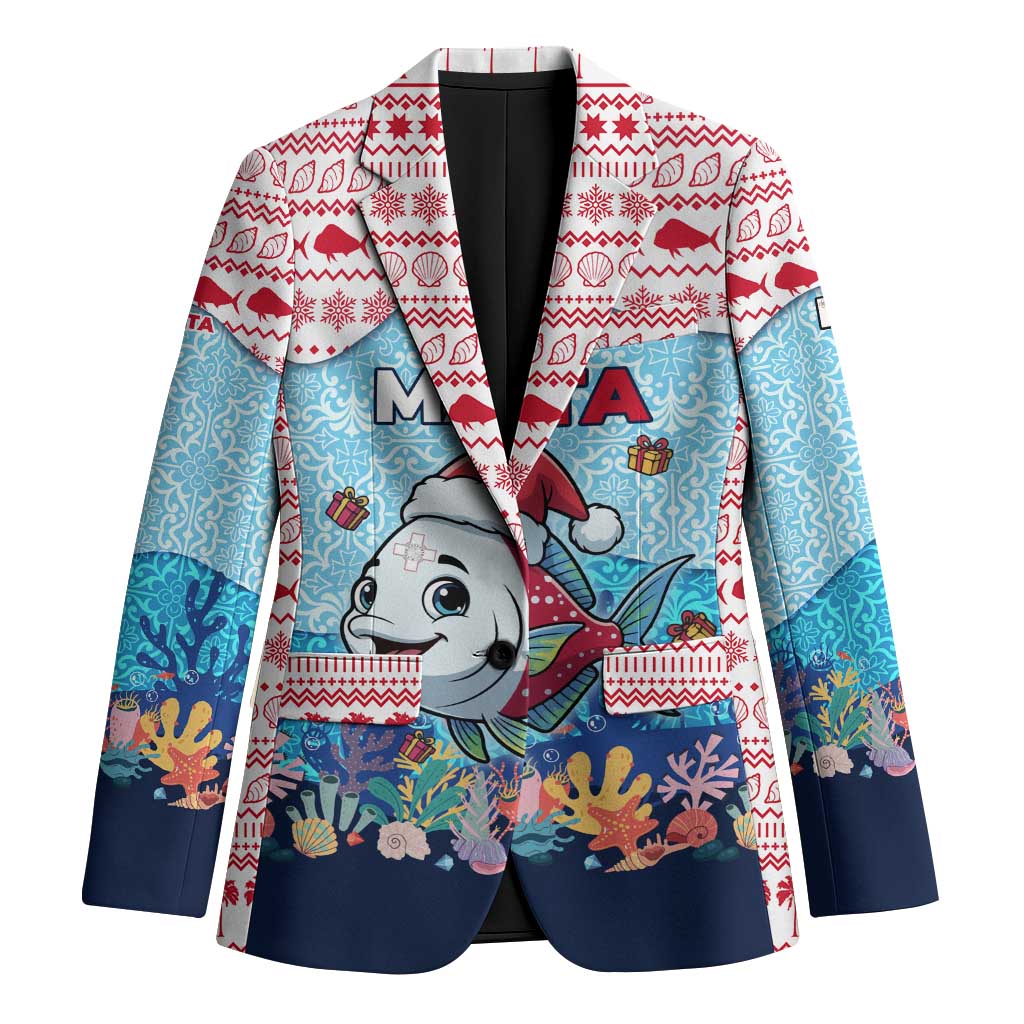 Malta Christmas Blazer with Santa Fish Malta Flag Coral Reef and Red Blue Festive Pattern Design - Wonder Print Shop