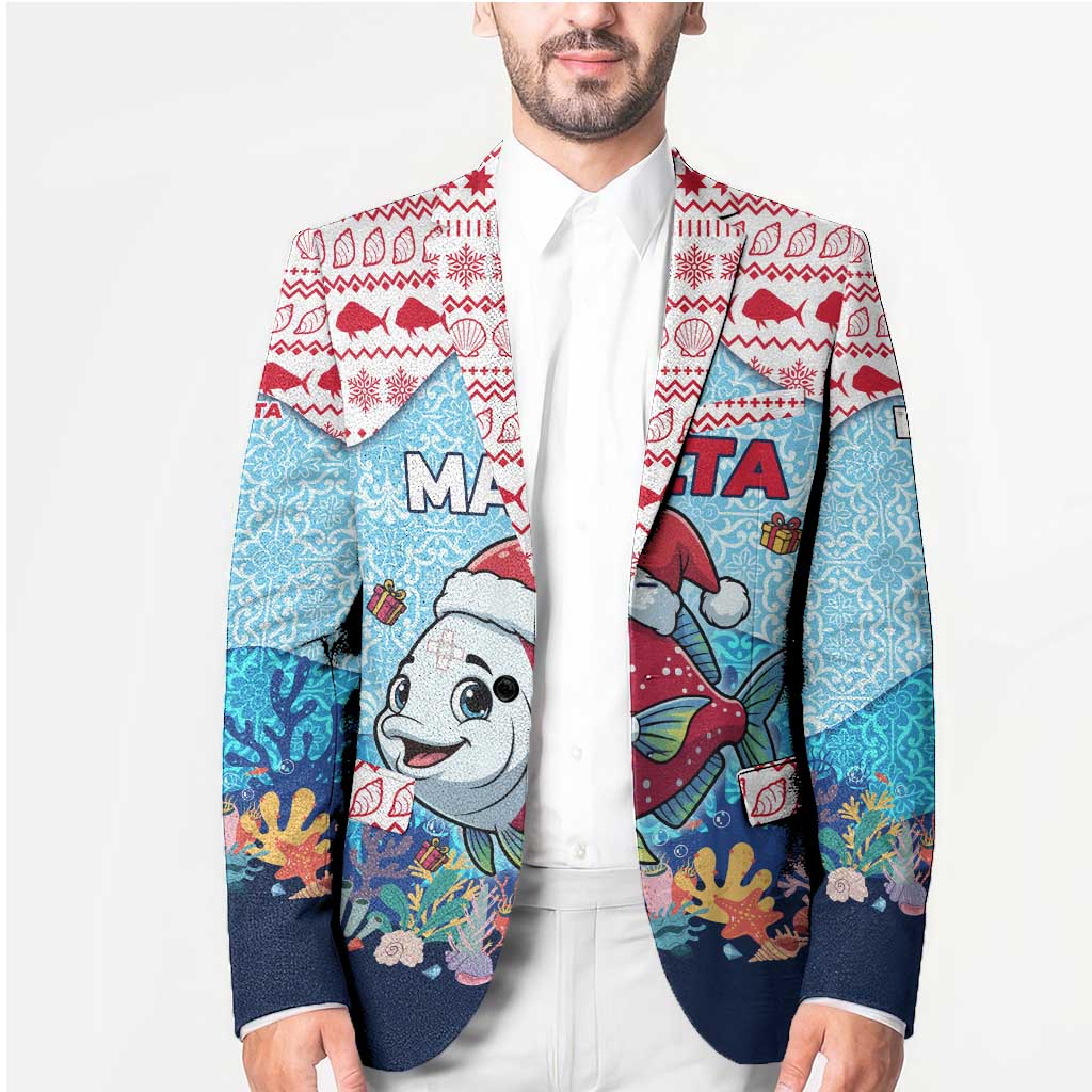 Malta Christmas Blazer with Santa Fish Malta Flag Coral Reef and Red Blue Festive Pattern Design - Wonder Print Shop
