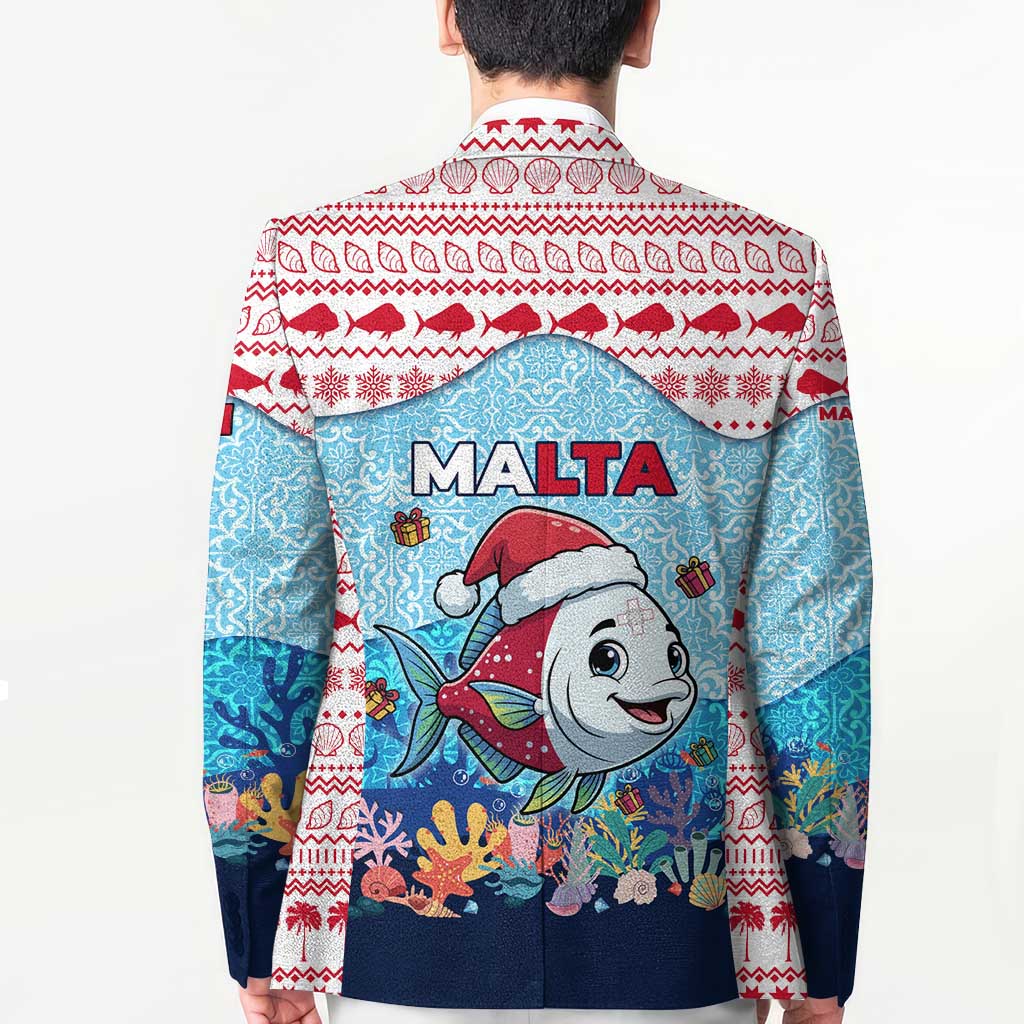 Malta Christmas Blazer with Santa Fish Malta Flag Coral Reef and Red Blue Festive Pattern Design - Wonder Print Shop