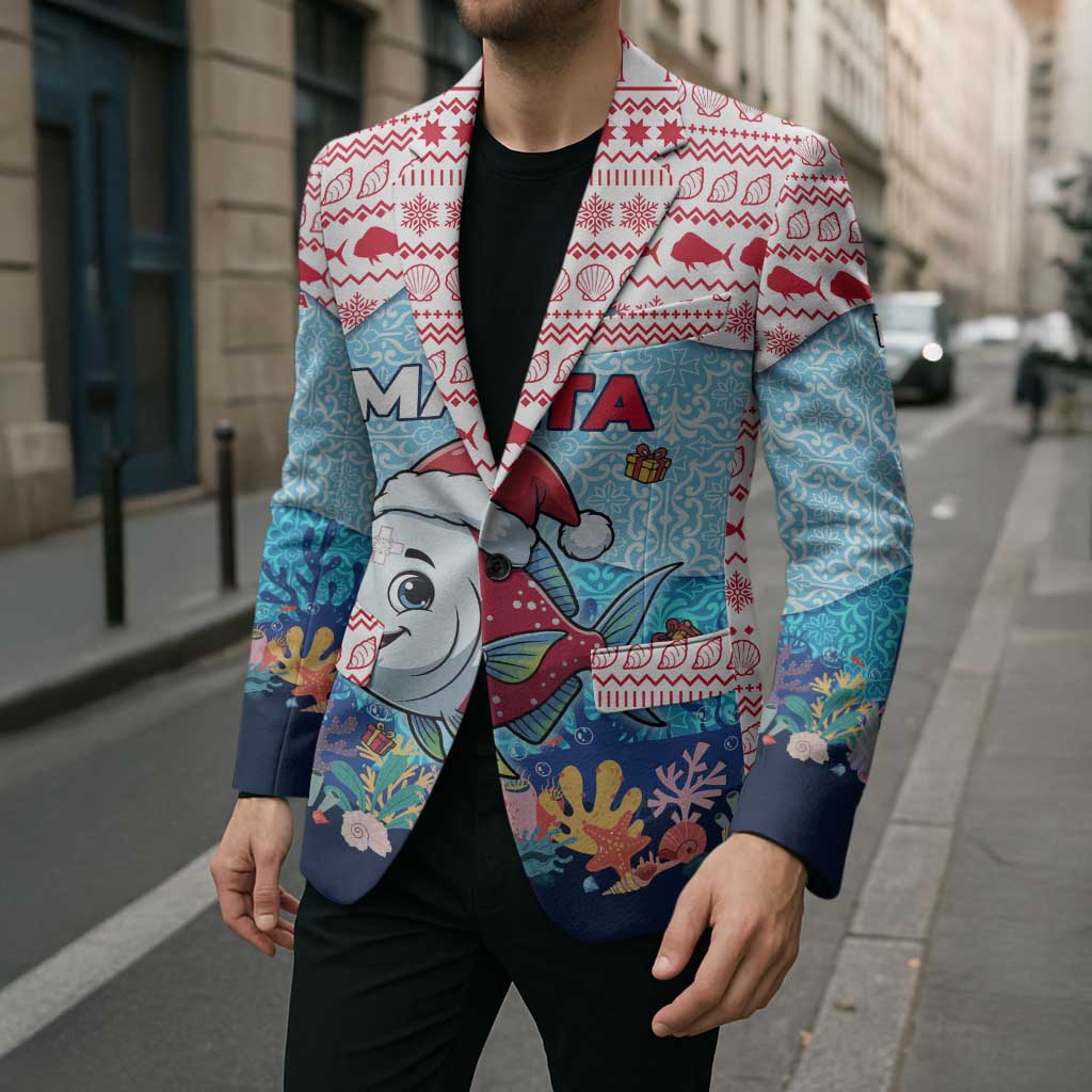 Malta Christmas Blazer with Santa Fish Malta Flag Coral Reef and Red Blue Festive Pattern Design - Wonder Print Shop