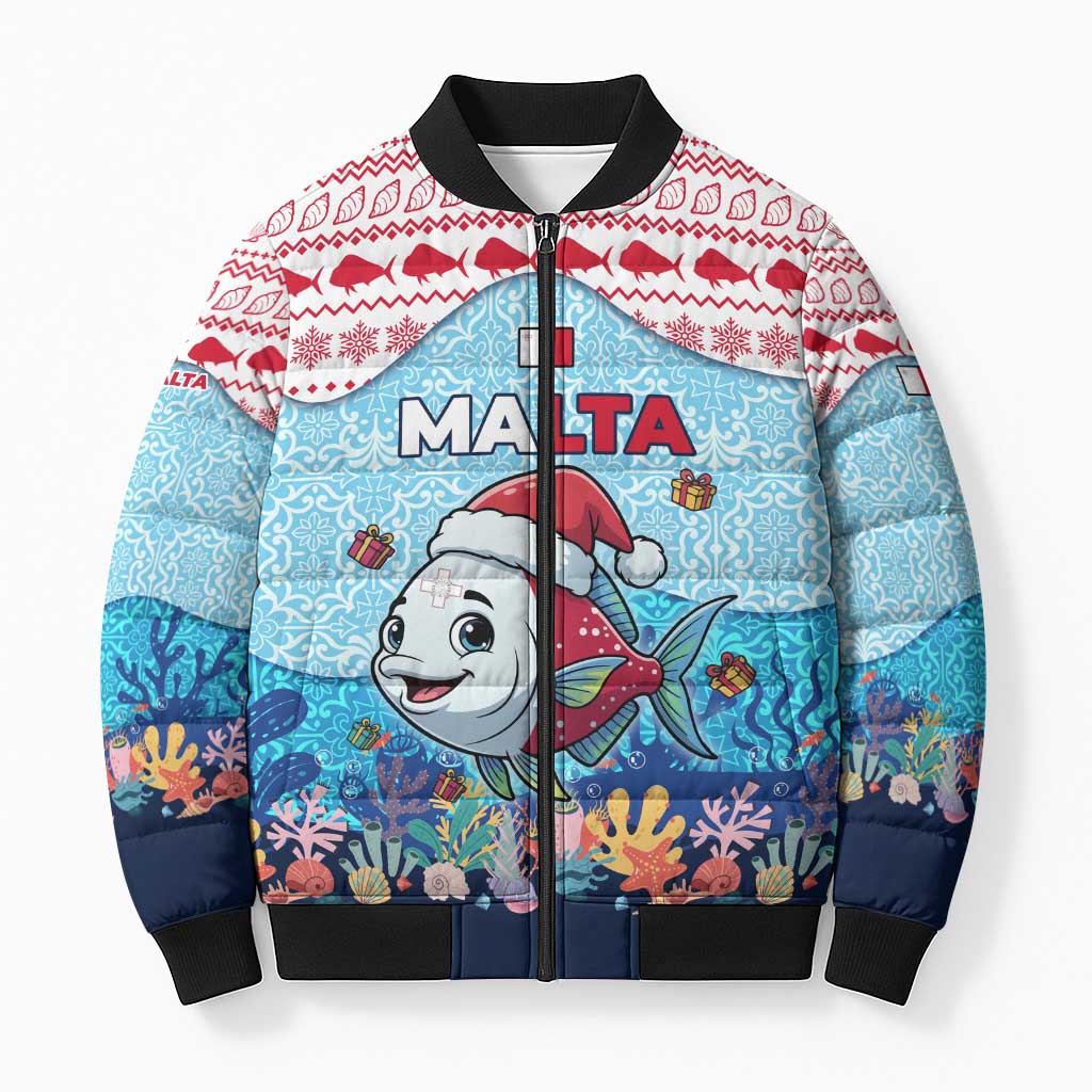 Malta Christmas Bomber Puffer Jacket with Santa Fish Malta Flag Coral Reef and Red Blue Festive Pattern Design - Wonder Print Shop