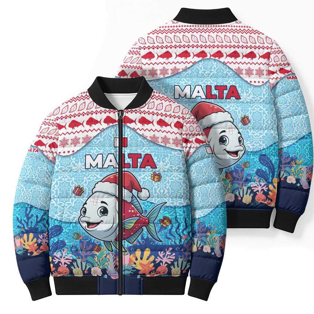 Malta Christmas Bomber Puffer Jacket with Santa Fish Malta Flag Coral Reef and Red Blue Festive Pattern Design - Wonder Print Shop