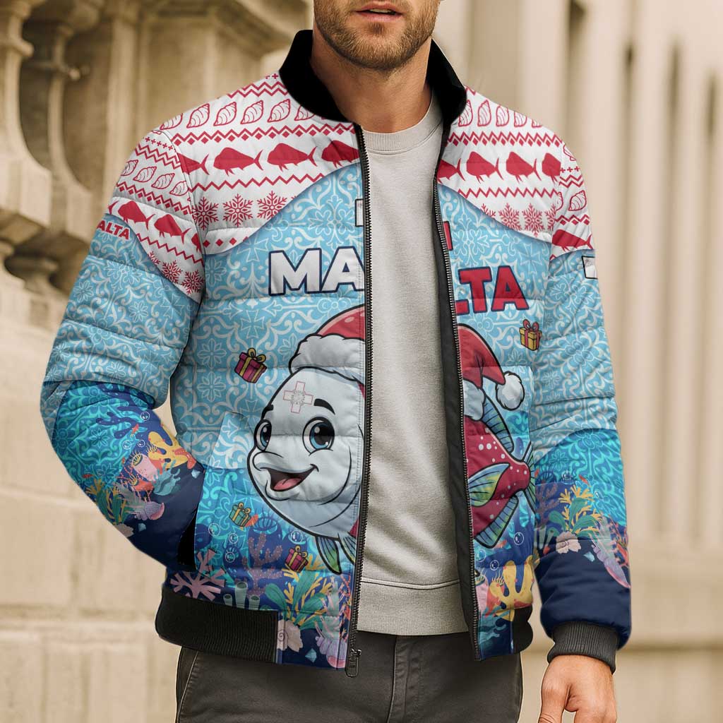 Malta Christmas Bomber Puffer Jacket with Santa Fish Malta Flag Coral Reef and Red Blue Festive Pattern Design - Wonder Print Shop