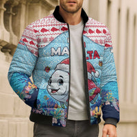Malta Christmas Bomber Puffer Jacket with Santa Fish Malta Flag Coral Reef and Red Blue Festive Pattern Design - Wonder Print Shop