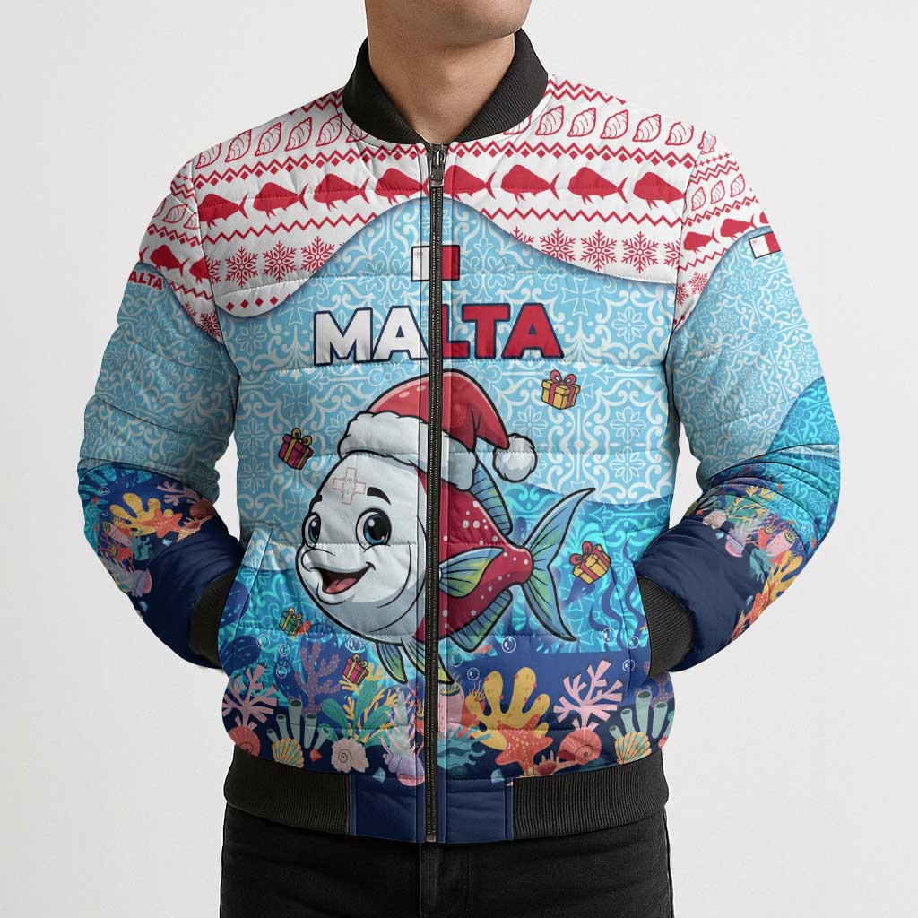 Malta Christmas Bomber Puffer Jacket with Santa Fish Malta Flag Coral Reef and Red Blue Festive Pattern Design - Wonder Print Shop