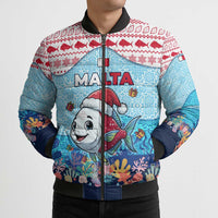 Malta Christmas Bomber Puffer Jacket with Santa Fish Malta Flag Coral Reef and Red Blue Festive Pattern Design - Wonder Print Shop