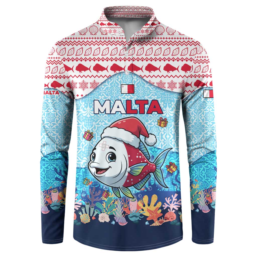 Malta Christmas Button Sweatshirt with Santa Fish Malta Flag Coral Reef and Red Blue Festive Pattern Design - Wonder Print Shop