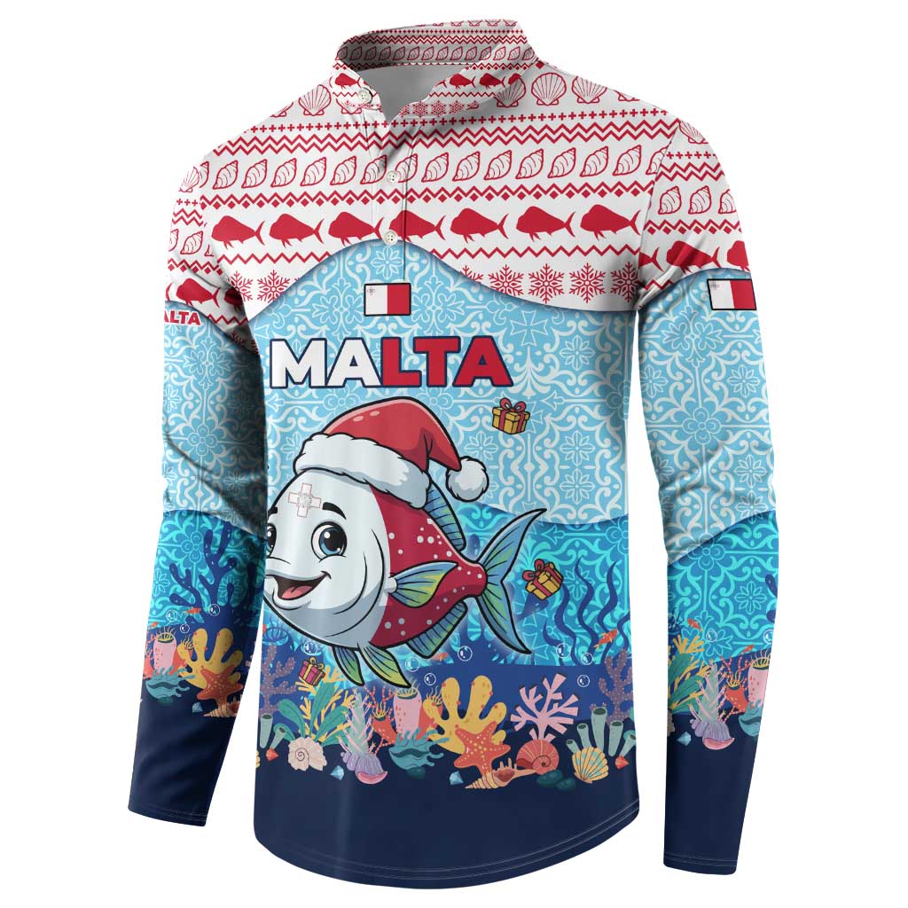 Malta Christmas Button Sweatshirt with Santa Fish Malta Flag Coral Reef and Red Blue Festive Pattern Design - Wonder Print Shop