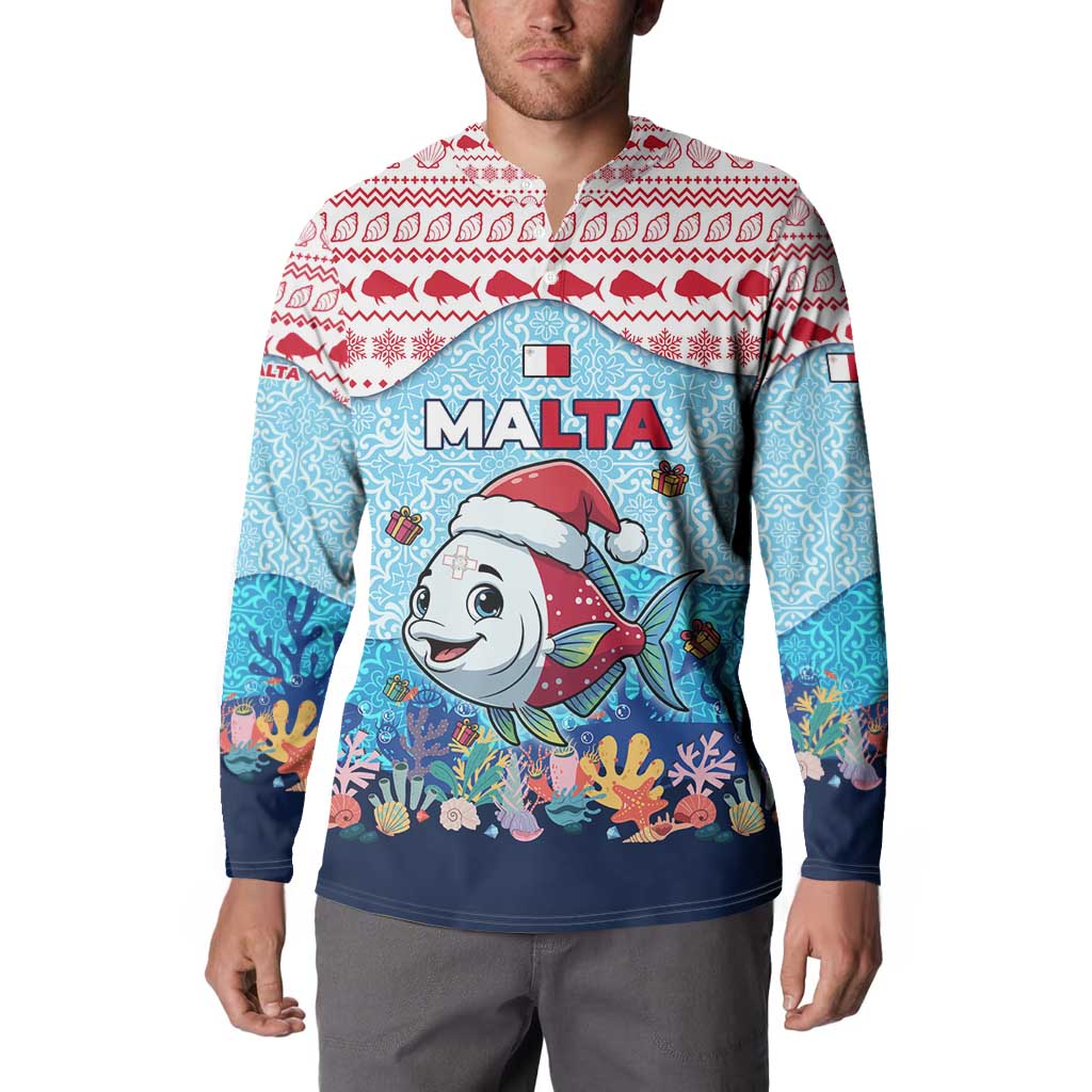 Malta Christmas Button Sweatshirt with Santa Fish Malta Flag Coral Reef and Red Blue Festive Pattern Design - Wonder Print Shop
