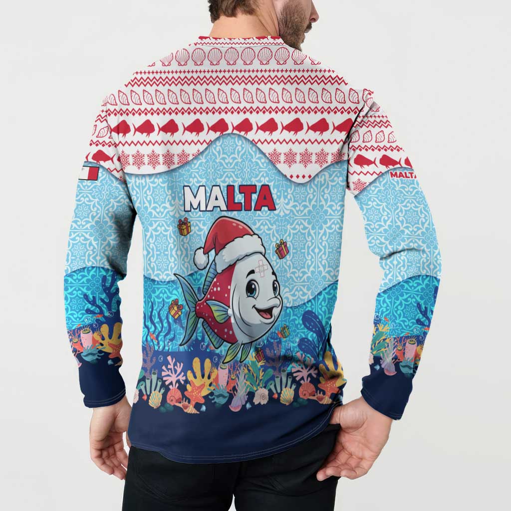 Malta Christmas Button Sweatshirt with Santa Fish Malta Flag Coral Reef and Red Blue Festive Pattern Design - Wonder Print Shop