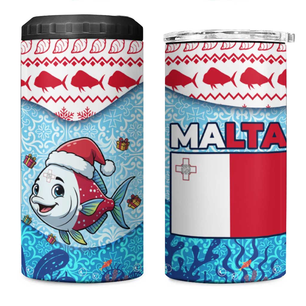 Malta Christmas 4 in 1 Can Cooler Tumbler with Santa Fish Malta Flag Coral Reef and Red Blue Festive Pattern Design - Wonder Print Shop