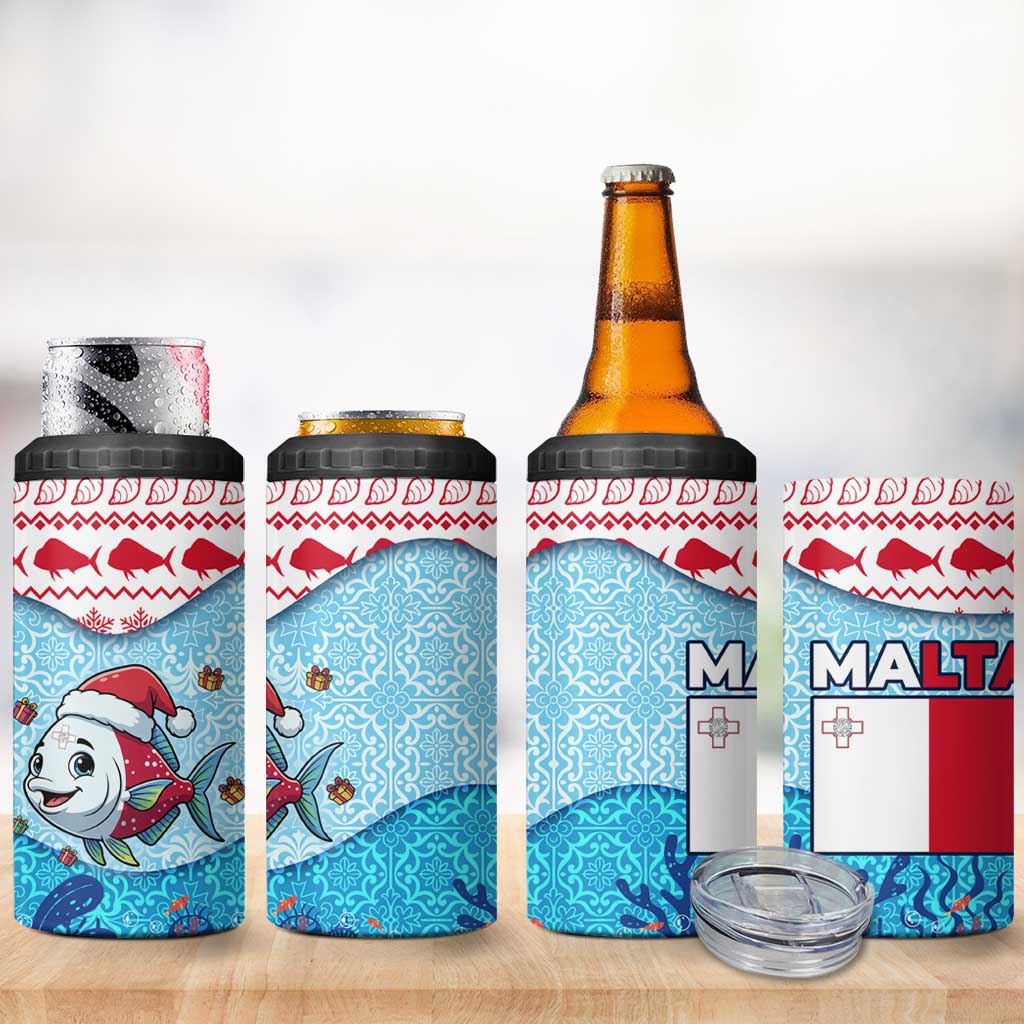 Malta Christmas 4 in 1 Can Cooler Tumbler with Santa Fish Malta Flag Coral Reef and Red Blue Festive Pattern Design - Wonder Print Shop