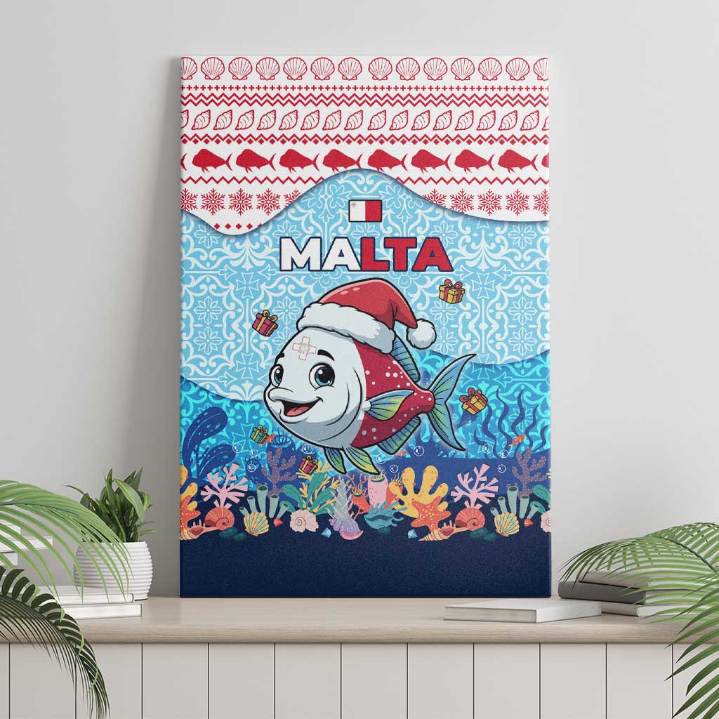 Malta Christmas Canvas Wall Art with Santa Fish Malta Flag Coral Reef and Red Blue Festive Pattern Design - Wonder Print Shop