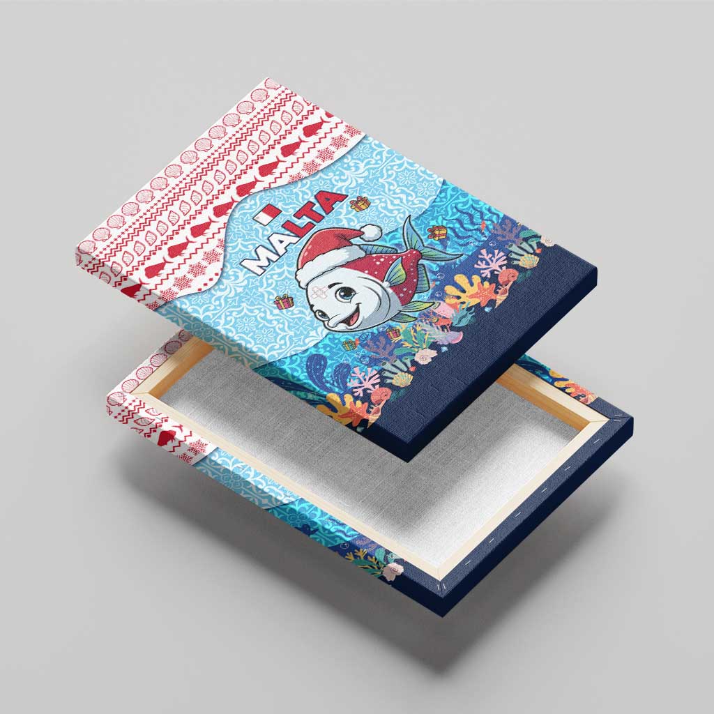 Malta Christmas Canvas Wall Art with Santa Fish Malta Flag Coral Reef and Red Blue Festive Pattern Design - Wonder Print Shop