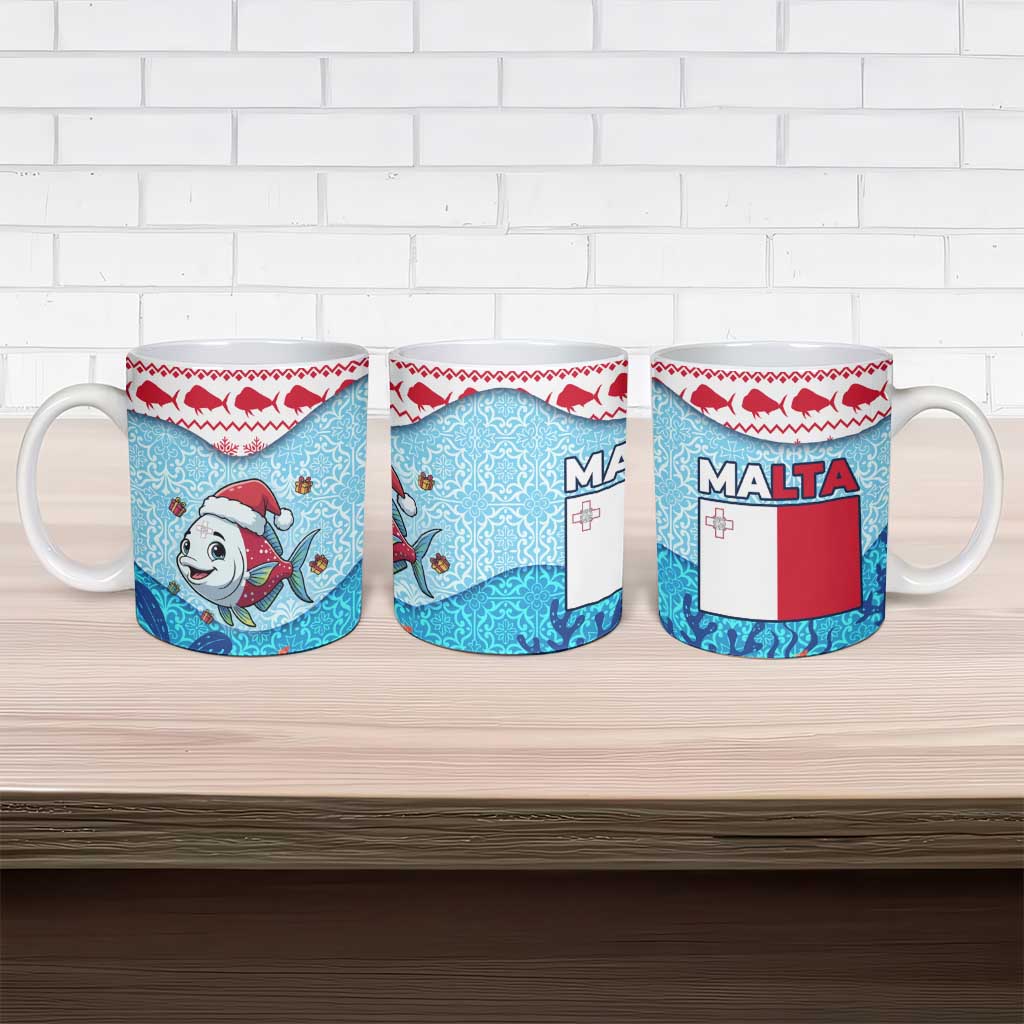 Malta Christmas Ceramic Mug with Santa Fish Malta Flag Coral Reef and Red Blue Festive Pattern Design - Wonder Print Shop
