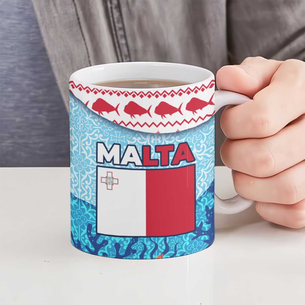 Malta Christmas Ceramic Mug with Santa Fish Malta Flag Coral Reef and Red Blue Festive Pattern Design - Wonder Print Shop