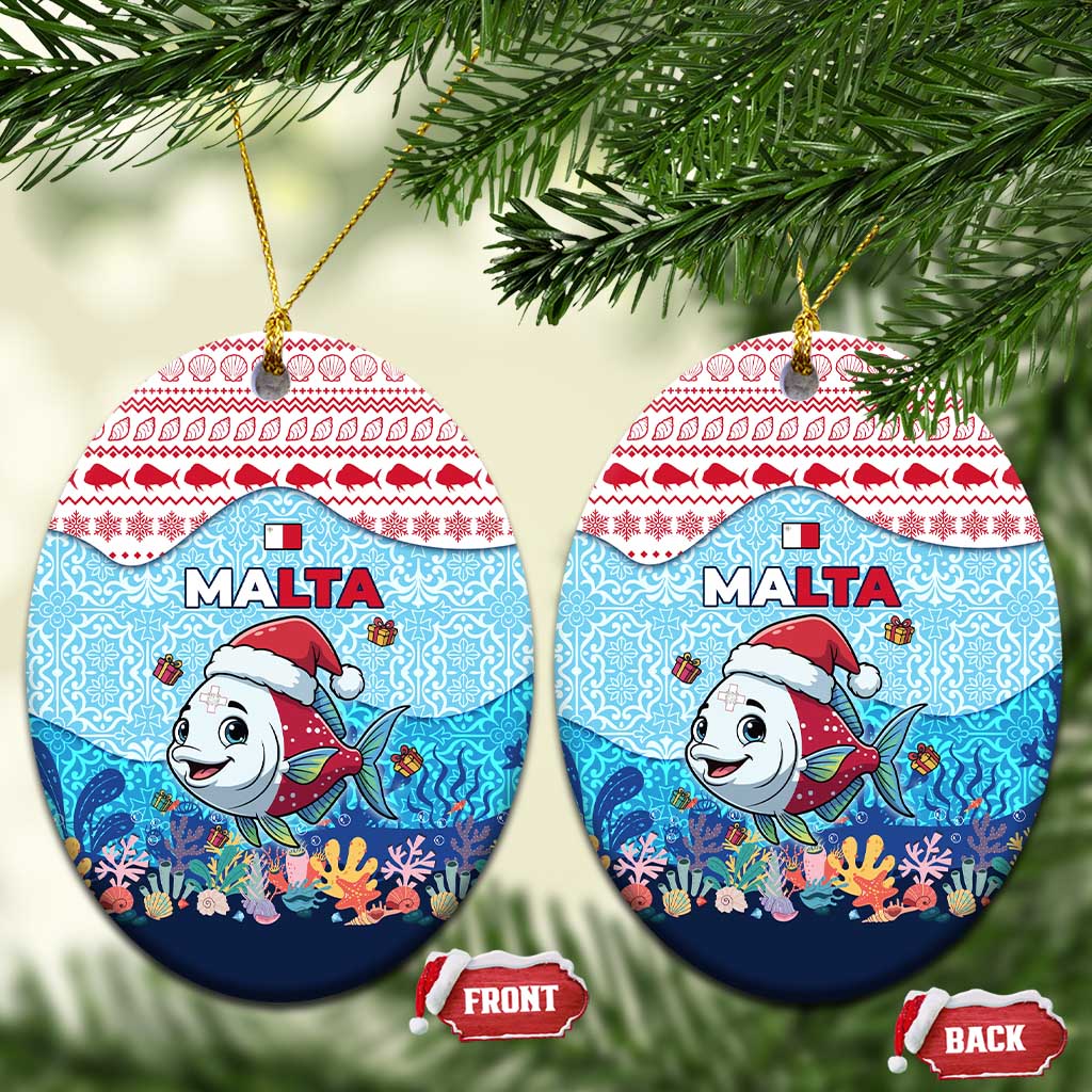 Malta Christmas Ceramic Ornament with Santa Fish Malta Flag Coral Reef and Red Blue Festive Pattern Design - Wonder Print Shop