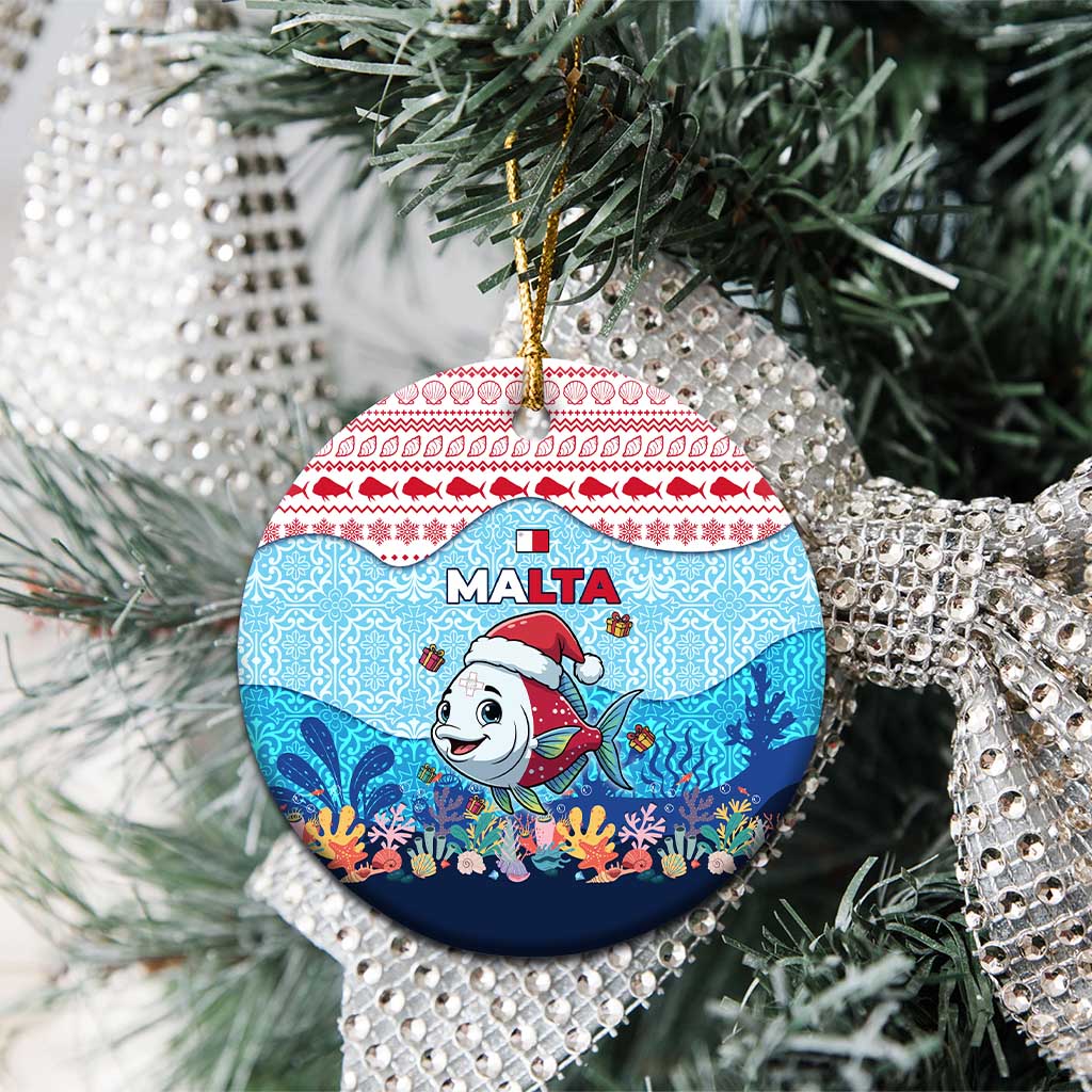 Malta Christmas Ceramic Ornament with Santa Fish Malta Flag Coral Reef and Red Blue Festive Pattern Design - Wonder Print Shop