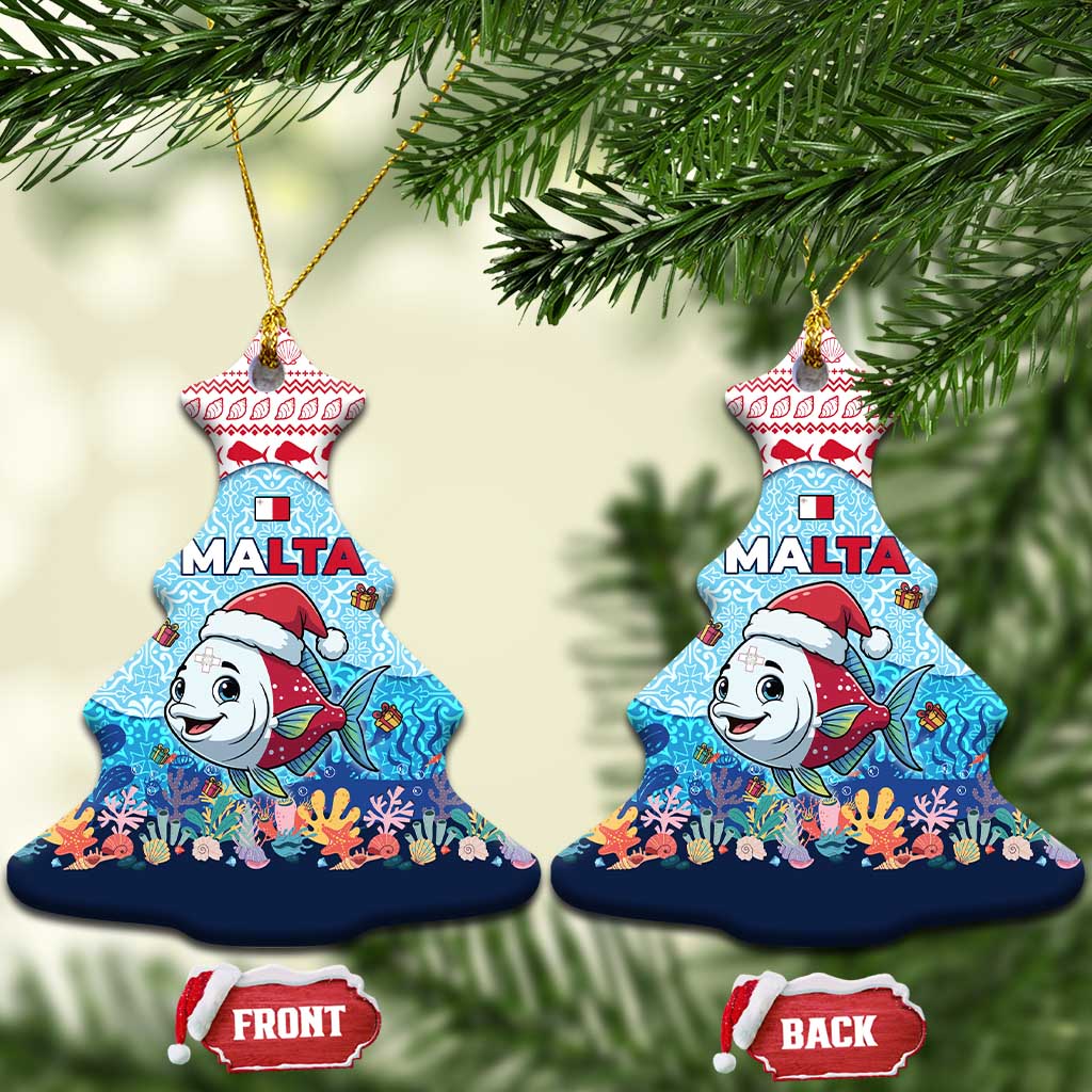 Malta Christmas Ceramic Ornament with Santa Fish Malta Flag Coral Reef and Red Blue Festive Pattern Design - Wonder Print Shop