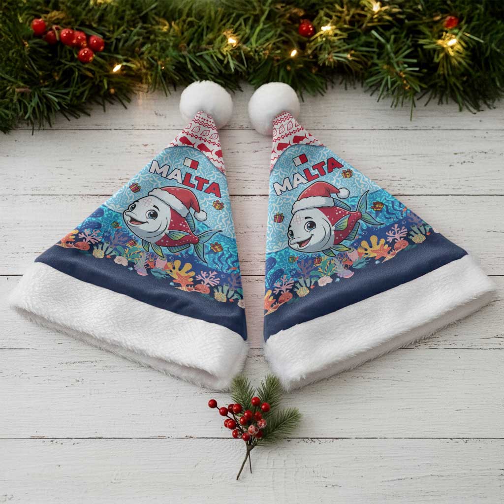 Malta Christmas Santa Hat with Santa Fish Malta Flag Coral Reef and Red Blue Festive Pattern Design - Wonder Print Shop