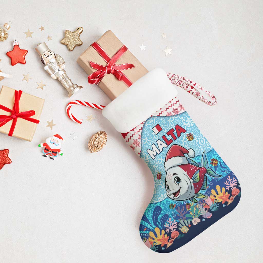 Malta Christmas Stocking with Santa Fish Malta Flag Coral Reef and Red Blue Festive Pattern Design - Wonder Print Shop