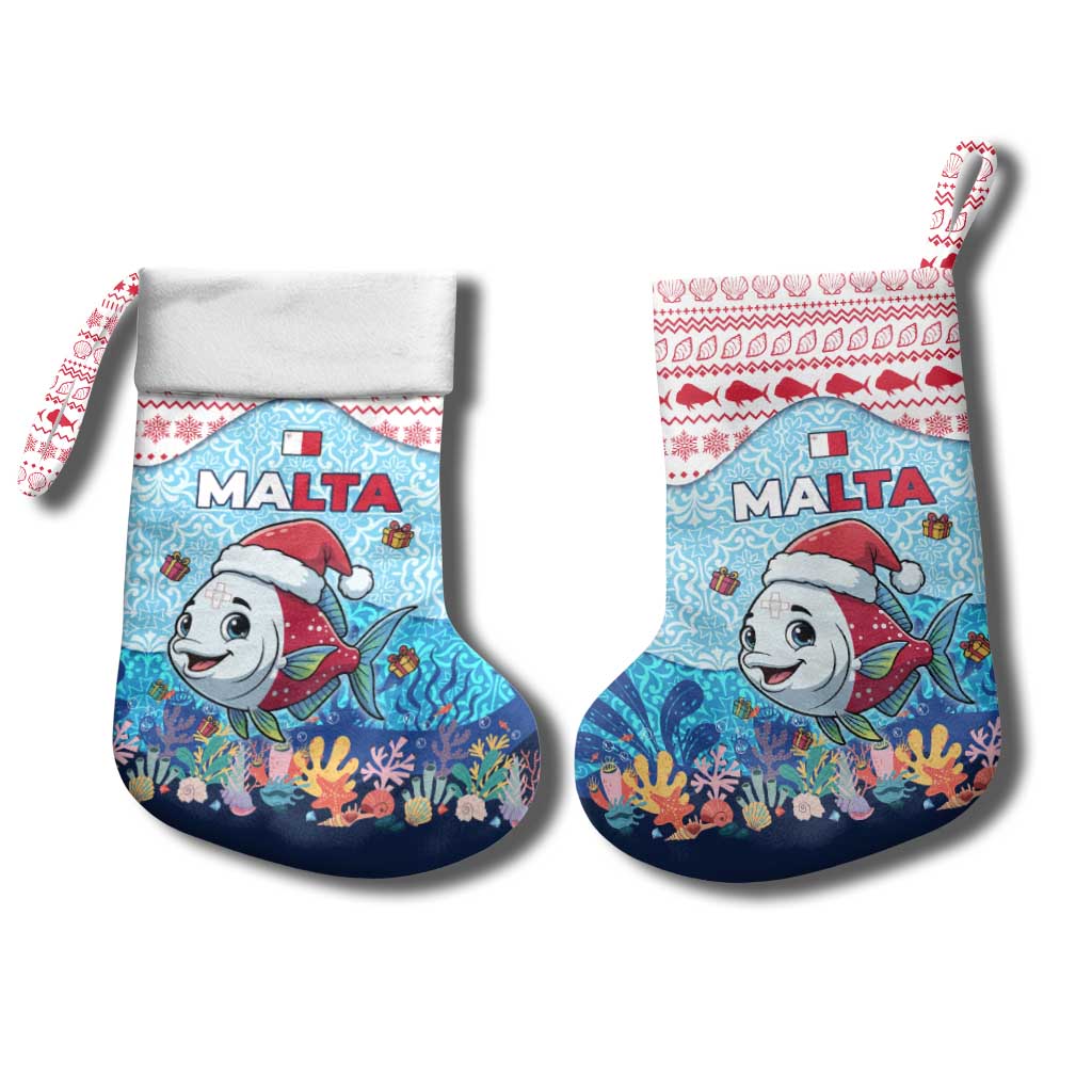 Malta Christmas Stocking with Santa Fish Malta Flag Coral Reef and Red Blue Festive Pattern Design - Wonder Print Shop