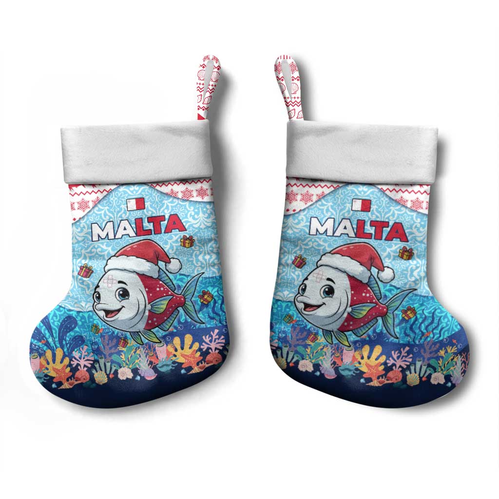 Malta Christmas Stocking with Santa Fish Malta Flag Coral Reef and Red Blue Festive Pattern Design - Wonder Print Shop