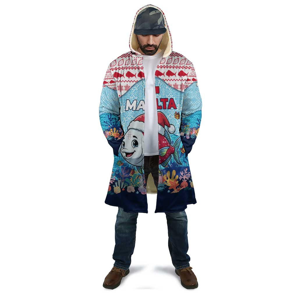 Malta Christmas Cloak with Santa Fish Malta Flag Coral Reef and Red Blue Festive Pattern Design - Wonder Print Shop