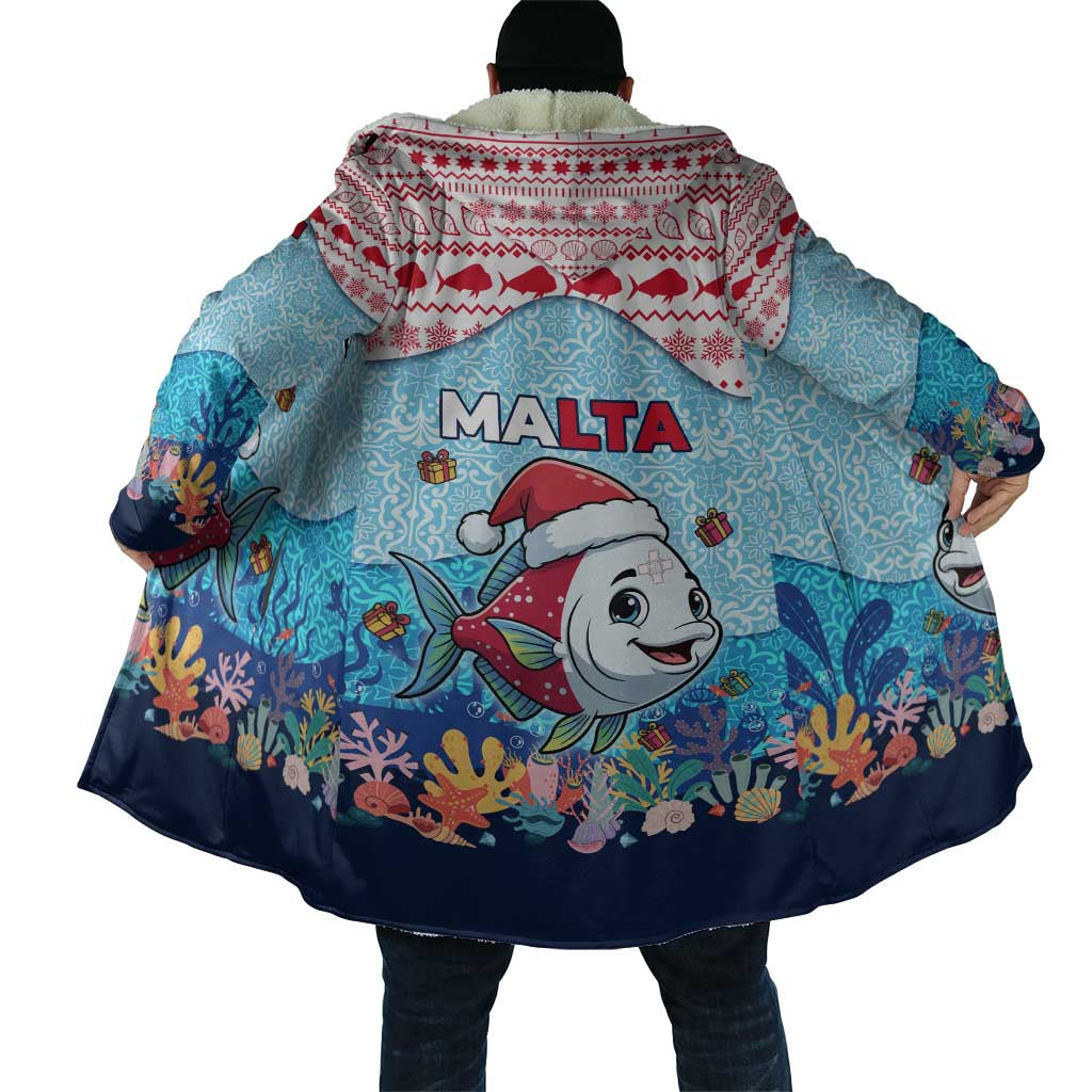 Malta Christmas Cloak with Santa Fish Malta Flag Coral Reef and Red Blue Festive Pattern Design - Wonder Print Shop