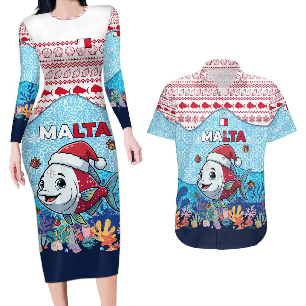 Malta Christmas Couples Matching Long Sleeve Bodycon Dress and Hawaiian Shirt with Santa Fish Malta Flag Coral Reef and Red Blue Festive Pattern Design - Wonder Print Shop