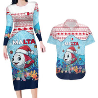Malta Christmas Couples Matching Long Sleeve Bodycon Dress and Hawaiian Shirt with Santa Fish Malta Flag Coral Reef and Red Blue Festive Pattern Design - Wonder Print Shop