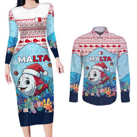 Malta Christmas Couples Matching Long Sleeve Bodycon Dress and Long Sleeve Button Shirt with Santa Fish Malta Flag Coral Reef and Red Blue Festive Pattern Design - Wonder Print Shop