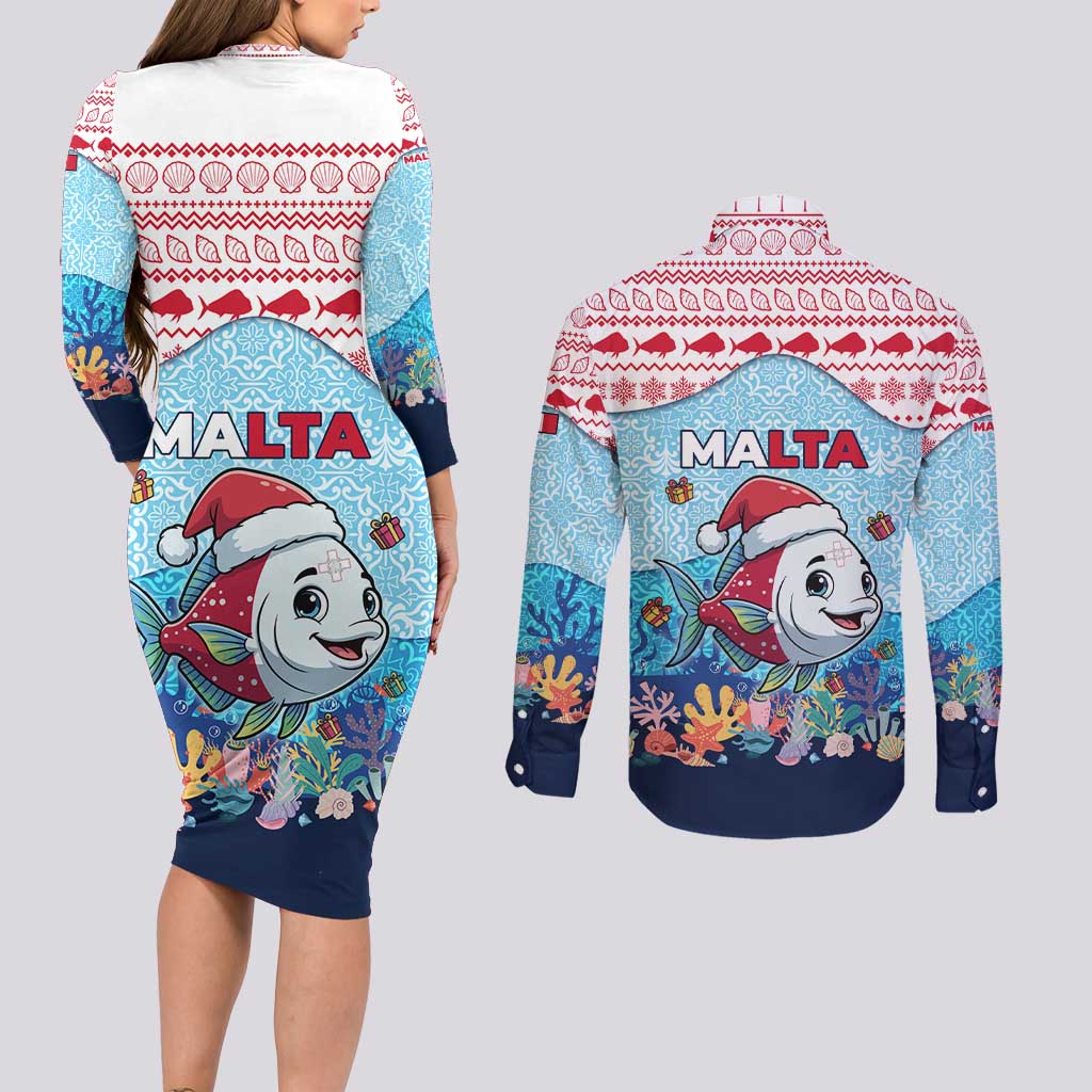 Malta Christmas Couples Matching Long Sleeve Bodycon Dress and Long Sleeve Button Shirt with Santa Fish Malta Flag Coral Reef and Red Blue Festive Pattern Design - Wonder Print Shop