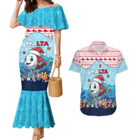 Malta Christmas Couples Matching Mermaid Dress and Hawaiian Shirt with Santa Fish Malta Flag Coral Reef and Red Blue Festive Pattern Design - Wonder Print Shop