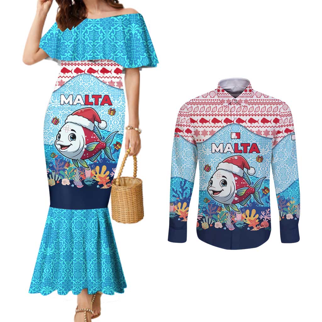 Malta Christmas Couples Matching Mermaid Dress and Long Sleeve Button Shirt with Santa Fish Malta Flag Coral Reef and Red Blue Festive Pattern Design - Wonder Print Shop