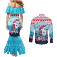 Malta Christmas Couples Matching Mermaid Dress and Long Sleeve Button Shirt with Santa Fish Malta Flag Coral Reef and Red Blue Festive Pattern Design - Wonder Print Shop