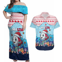 Malta Christmas Couples Matching Off Shoulder Maxi Dress and Hawaiian Shirt with Santa Fish Malta Flag Coral Reef and Red Blue Festive Pattern Design - Wonder Print Shop