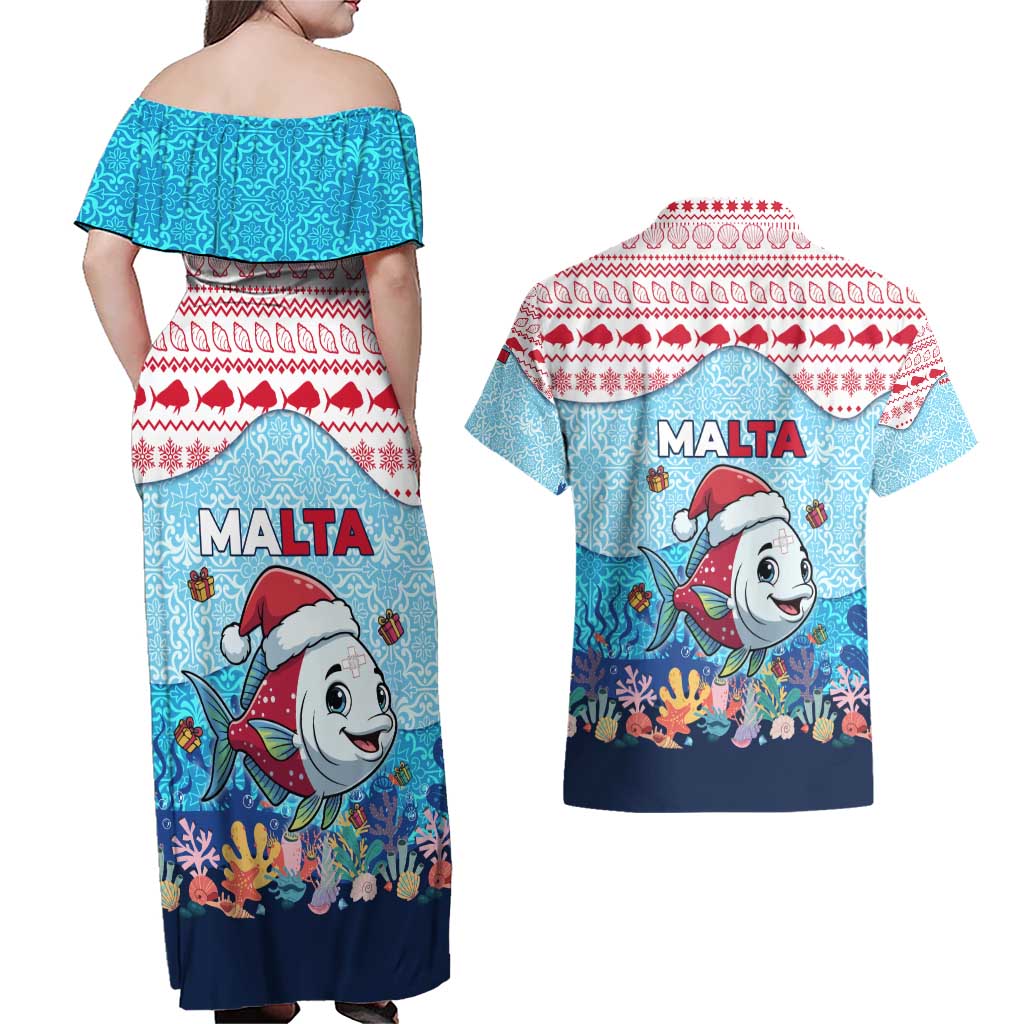 Malta Christmas Couples Matching Off Shoulder Maxi Dress and Hawaiian Shirt with Santa Fish Malta Flag Coral Reef and Red Blue Festive Pattern Design - Wonder Print Shop