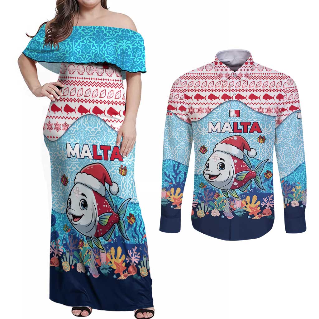 Malta Christmas Couples Matching Off Shoulder Maxi Dress and Long Sleeve Button Shirt with Santa Fish Malta Flag Coral Reef and Red Blue Festive Pattern Design - Wonder Print Shop