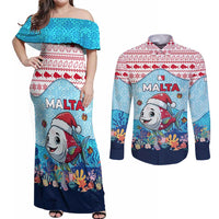 Malta Christmas Couples Matching Off Shoulder Maxi Dress and Long Sleeve Button Shirt with Santa Fish Malta Flag Coral Reef and Red Blue Festive Pattern Design - Wonder Print Shop