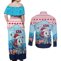 Malta Christmas Couples Matching Off Shoulder Maxi Dress and Long Sleeve Button Shirt with Santa Fish Malta Flag Coral Reef and Red Blue Festive Pattern Design - Wonder Print Shop