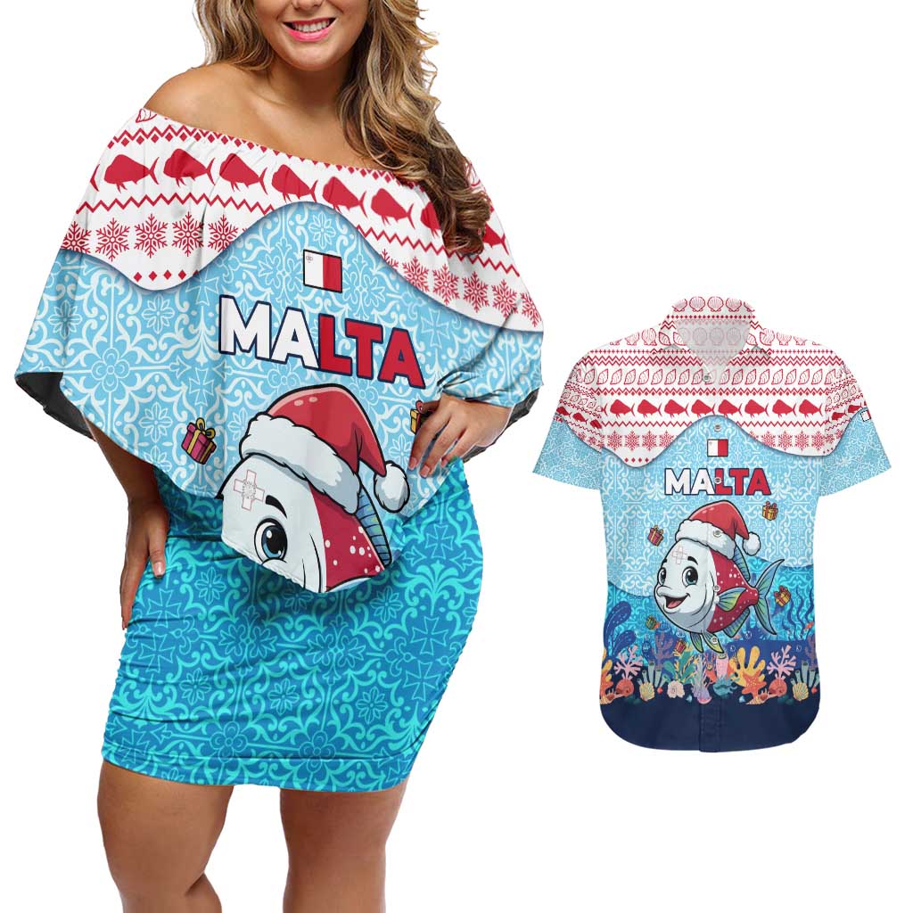 Malta Christmas Couples Matching Off Shoulder Short Dress and Hawaiian Shirt with Santa Fish Malta Flag Coral Reef and Red Blue Festive Pattern Design - Wonder Print Shop
