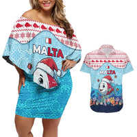 Malta Christmas Couples Matching Off Shoulder Short Dress and Hawaiian Shirt with Santa Fish Malta Flag Coral Reef and Red Blue Festive Pattern Design - Wonder Print Shop