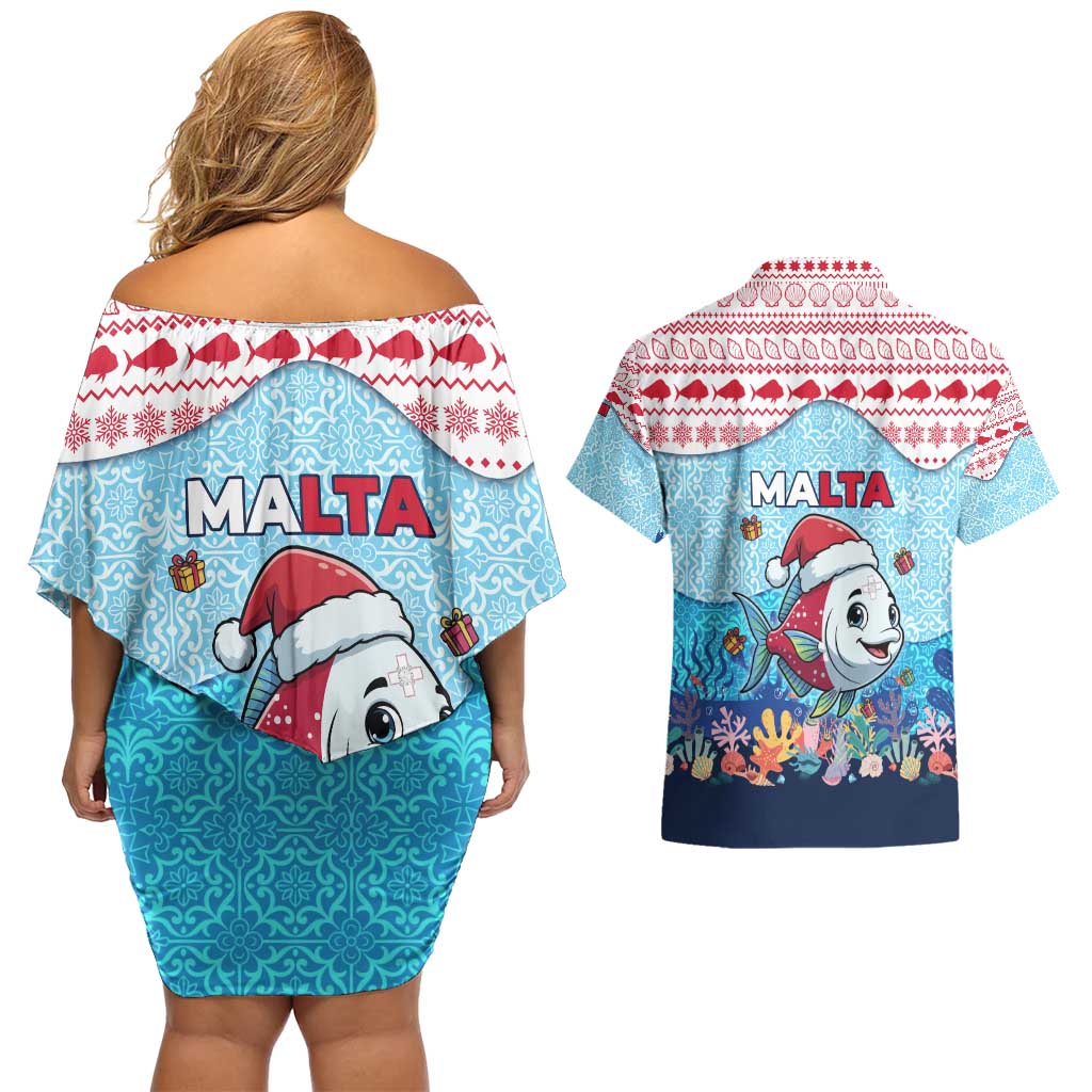 Malta Christmas Couples Matching Off Shoulder Short Dress and Hawaiian Shirt with Santa Fish Malta Flag Coral Reef and Red Blue Festive Pattern Design - Wonder Print Shop