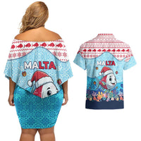 Malta Christmas Couples Matching Off Shoulder Short Dress and Hawaiian Shirt with Santa Fish Malta Flag Coral Reef and Red Blue Festive Pattern Design - Wonder Print Shop
