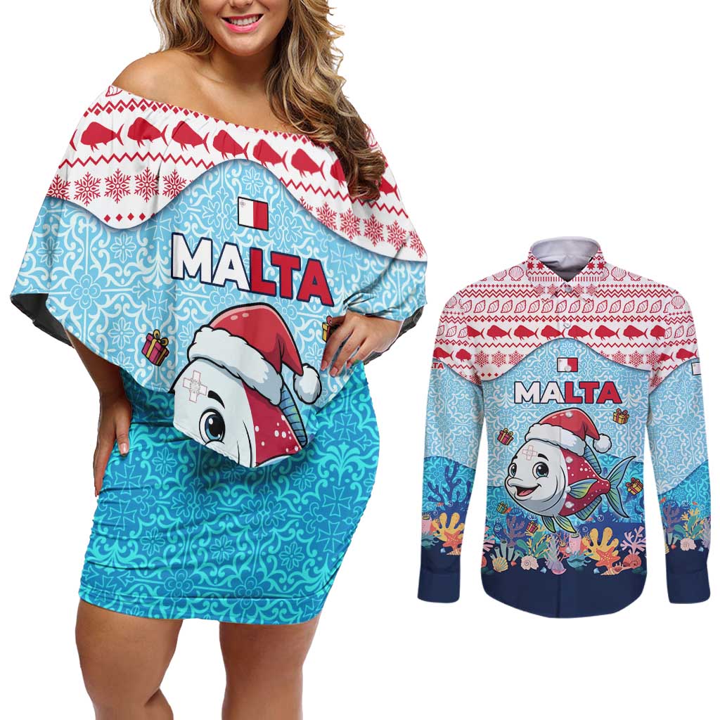 Malta Christmas Couples Matching Off Shoulder Short Dress and Long Sleeve Button Shirt with Santa Fish Malta Flag Coral Reef and Red Blue Festive Pattern Design - Wonder Print Shop